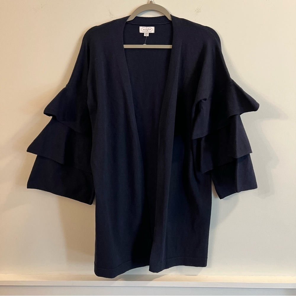 Women’s Mudpie navy blue ruffle sleeve duster cardigan sweater size S/M